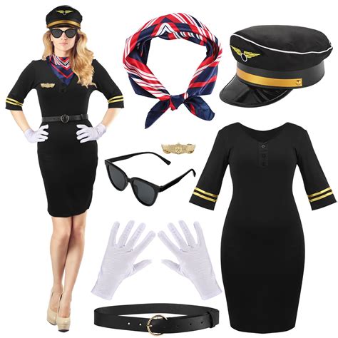 Xtinmee 7 Pcs Halloween Flight Attendant Costume Women's Pilot Captain ...