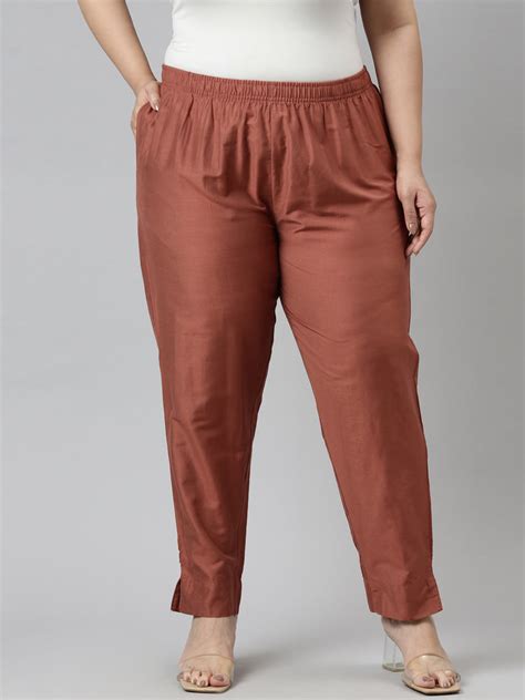 Women Rust Solid Mid Rise Metallic Pants