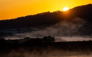 Wallpaper lake, fog, sunset, twilight, landscape hd, picture, image