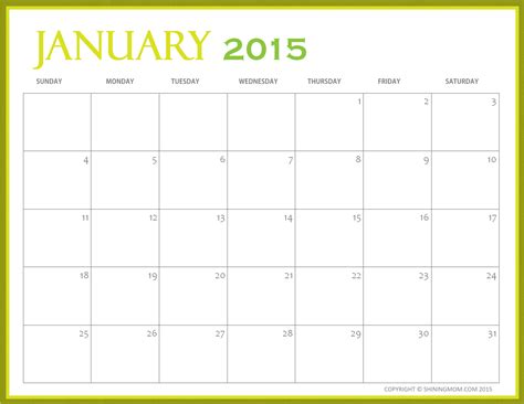 Free Printable January 2015 Calendars