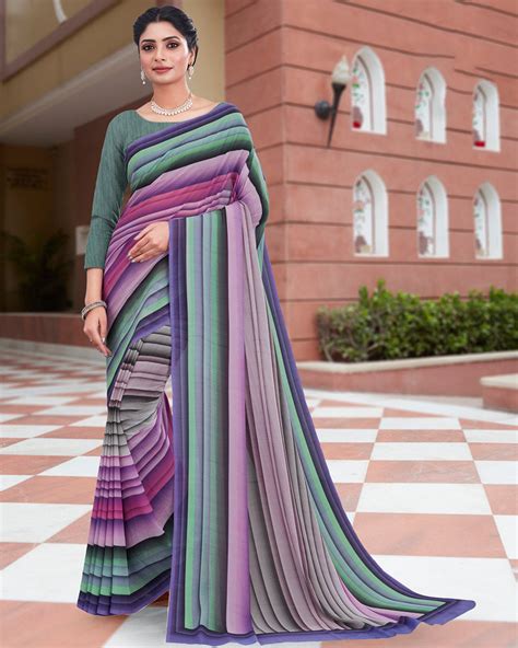 Vishal Prints Blue Smoke Green Digital Print Weightless Georgette Sare