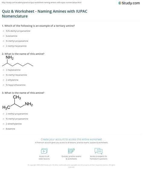 Quiz & Worksheet - Naming Amines with IUPAC Nomenclature | Study.com