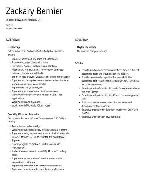 Software Quality Analyst Resume Samples | Velvet Jobs