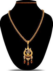 Fashion Frill Golden Religious Om Trishul Dumroo Pendent With 20 inches ...