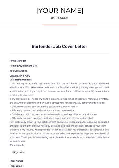 Free Bartender Job Cover Letter Template to Edit Online