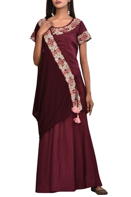 Buy Khwaab by Sanjana Lakhani Wine Dola Silk Embroidered Lehenga Set ...