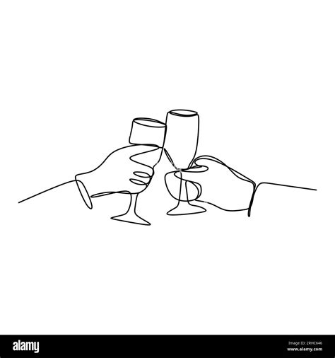 One line drawing of Cheers clinking of friends with bourbon wine drink ...