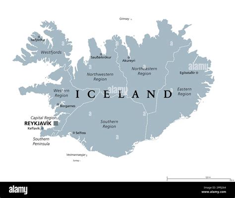 Regions of Iceland, gray political map, with capital Reykjavik. Eight regions and their seats ...