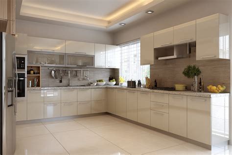 Cream Contemporary L Shape Kitchen Design with Granite Countertop and ...