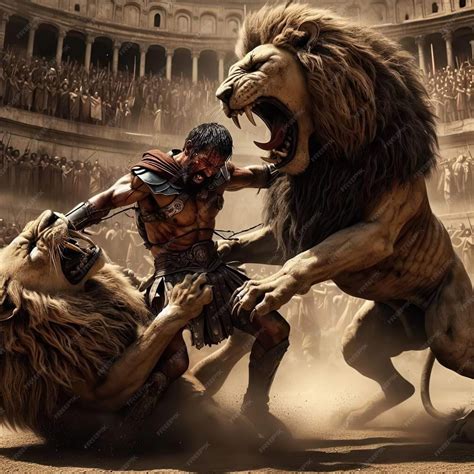 Premium Photo | Two big fierce lions fighting a man gladiator in the arena
