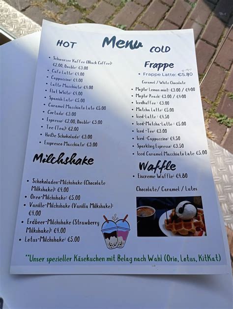 Menu at Roots Cafe, Kleve
