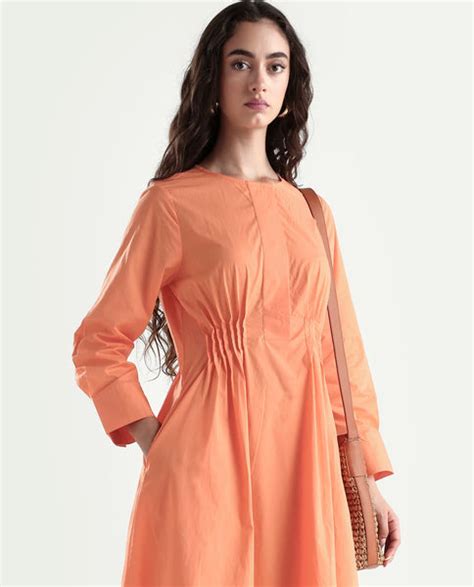 Rareism Women's Lister Orange Cotton Crew Neck Plain Cuffed Sleeve Mid