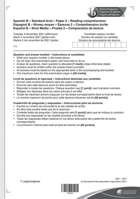 SOLUTION: Spanish b paper 2 reading comprehension question booklet sl ...