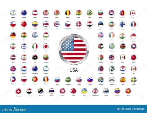 Set of Round Glossy Icons with Metallic Border of Flags of World ...