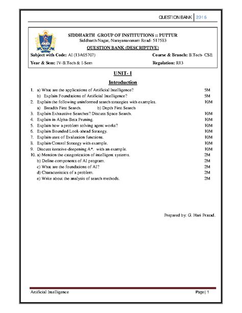 AI (13A05707) Question Bank 2016: Descriptive & Objective Questions ...