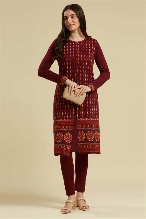 Wine Floral Woolen Top Bottom Set