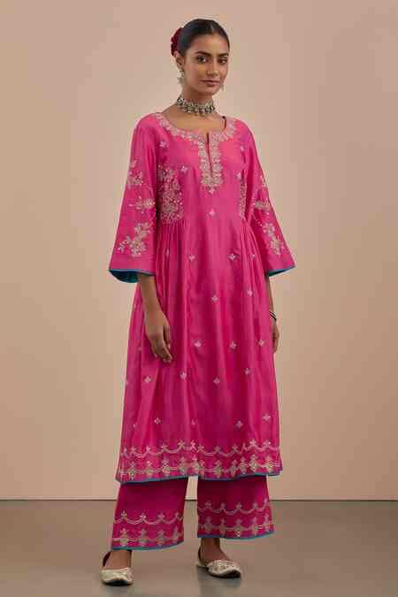 Buy Pink Chanderi Silk Embroidered Zari And Sequin Work Notched Round ...