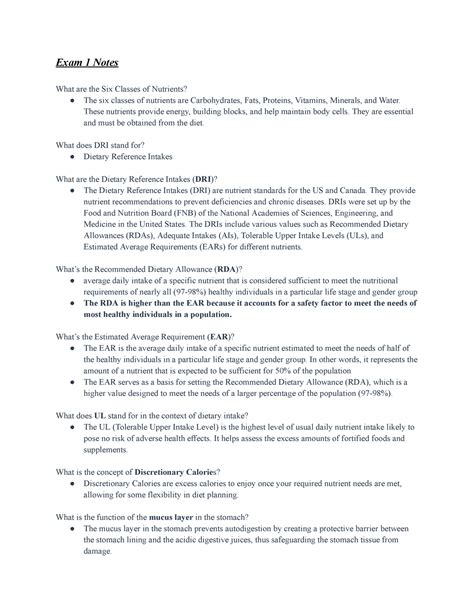 Nutrition exam 1 - Exam 1 Notes What are the Six Classes of Nutrients? The six classes of - Studocu