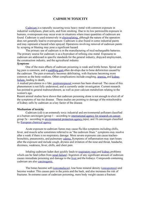 Cadmium toxicity - Lecture notes 1-3 - CADMIUM TOXICITY Cadmium is a ...