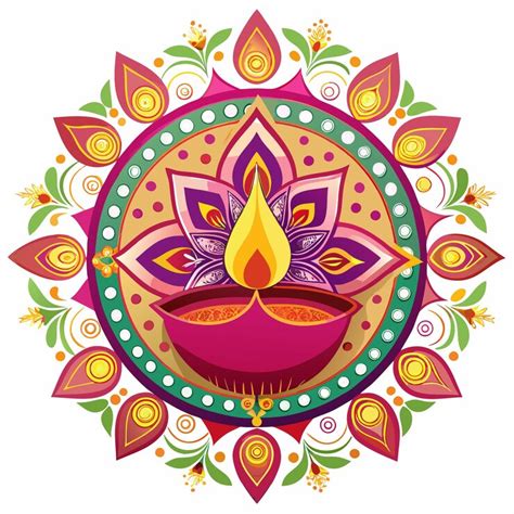 Colorful mandala with a diya lamp in the center surrounded by floral ...