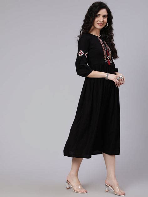 Women Black Solid Embroidered Yoke Design Dress – Nayo Clothing