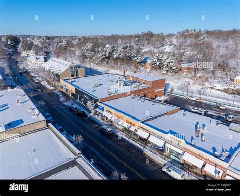 Central Street aerial view in winter in historic town center of ...