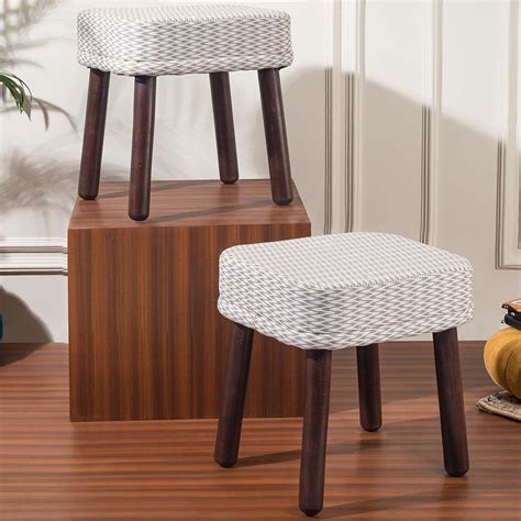 LUSHLIN Ottoman Stool for Living Room Set of 2 Cotton Cushioned Wooden ...
