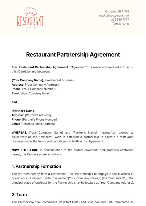 Free Restaurant Partnership Agreement Template to Edit Online
