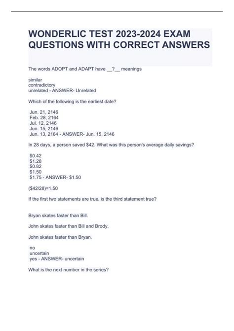 WONDERLIC TEST EXAM QUESTIONS WITH CORRECT ANSWERS - WONDERLIC - Stuvia US