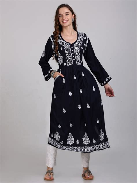 Chikankari Long Gown On Rayon Fabric With Both Side Pockets – khaka-The ...