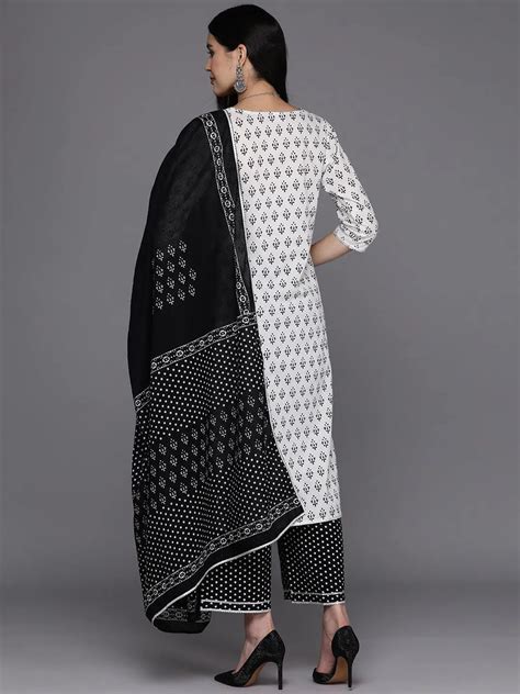 Buy White Printed Cotton Straight Kurta With Palazzos & Dupatta Online ...