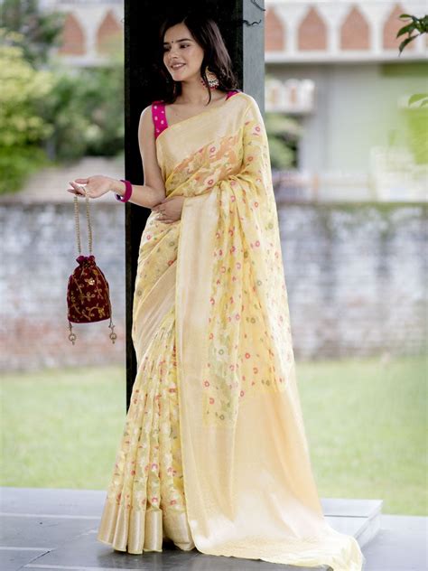Banarasi Semi Silk Saree With Jaal Zari & Meena Weaving-Yellow ...