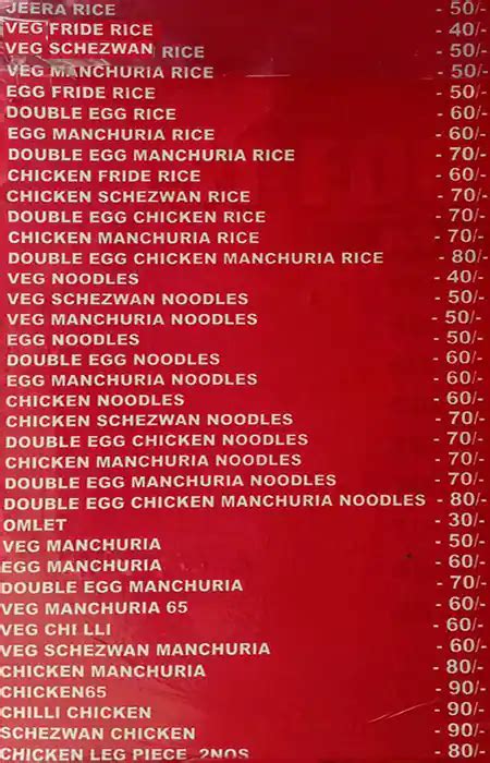 Menu at Sai Palace, Secunderabad