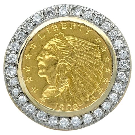 1908 Indian Head Bezel Set Coin with Diamond Halo Ring in 14 Karat ...