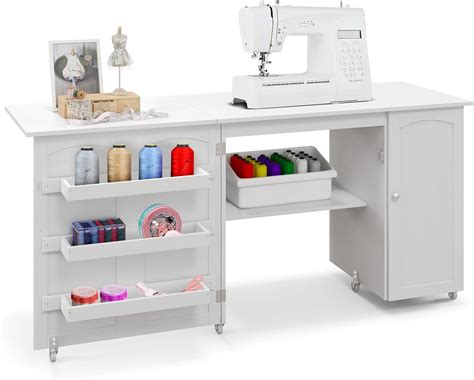 COSTWAY Folding Sewing Table, Rolling Craft Table Hobby Desk with ...