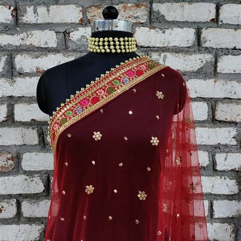 Bridal Charming Maroon with Floral Embroidered Net Dupatta – anokherang