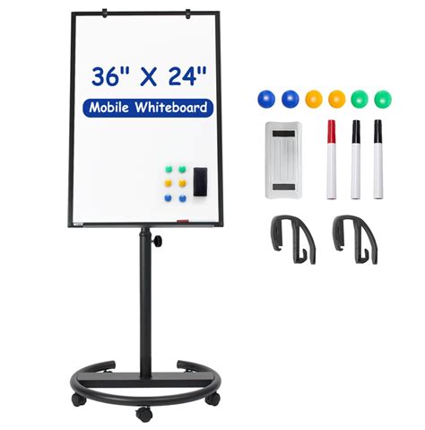 Mobile Whiteboard, 36" x 24" Magnetic Portable White Board on Wheels, Height Adjustable Standing ...