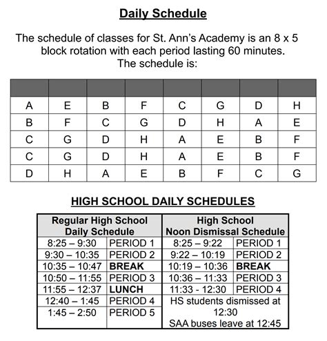Bell Schedules – St. Ann's Academy