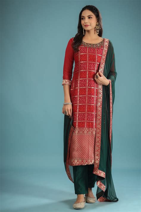Red & Bottle Green Zardosi Embroidered Silk Suit Set – Rang Roop Online