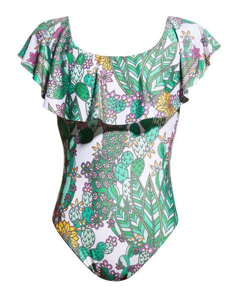 Trina Turk Cacti Ruffle Off-Shoulder One-Piece Swimsuit | Neiman Marcus