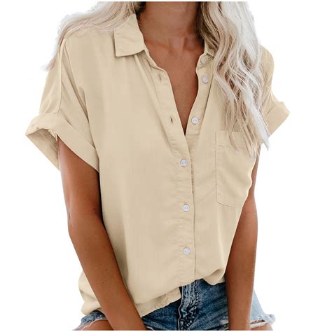 Jiuxingxing Women's Casual Summer Tops, Solid Button Down Short Sleeve ...