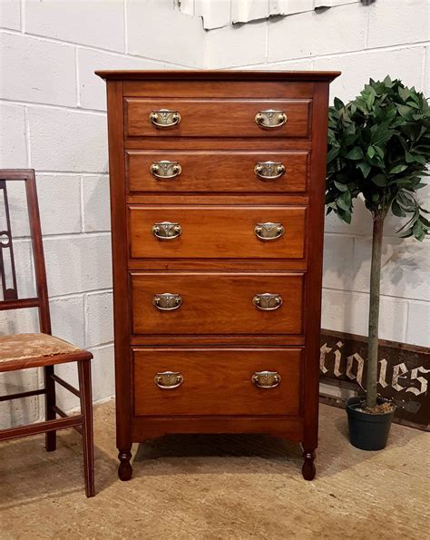 Antique Edwardian Walnut Tall Narrow Chest Of Drawers C1900