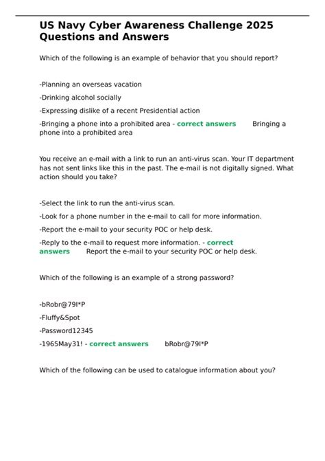 US Navy Cyber Awareness Challenge 2025 Questions and Answers - US Navy ...