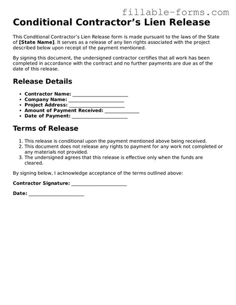 Conditional Contractor’s Lien Release Forms - Printable Template