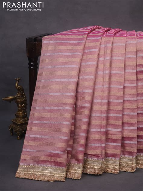Tissue saree pink with allover silver & gold zari weaves and lace work ...