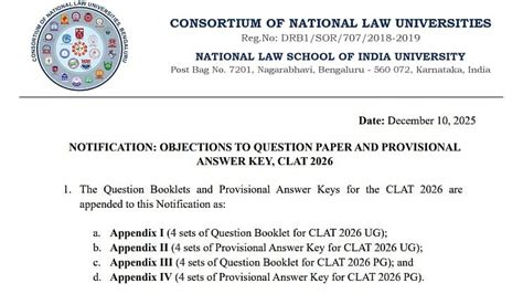 CLAT 2026 Provisional Answer Key Released At consortiumofnlus.ac.in ...
