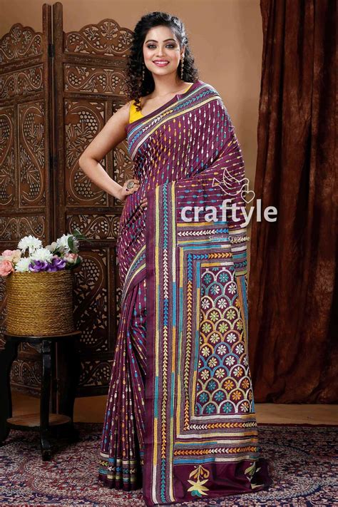 Sangria Purple Exclusive Kantha Silk Saree – Craftyle