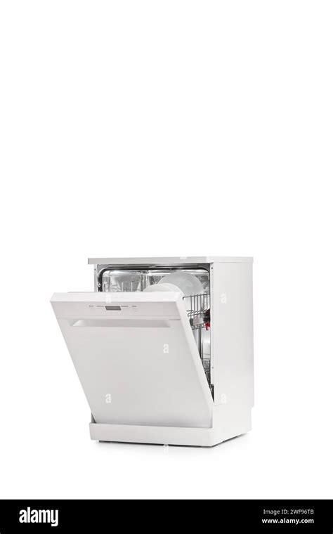 Studio shot of a half open white dishwasher isolated on white ...