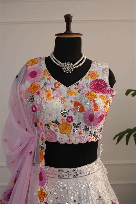 White & Pink Floral Mirror Work Lehenga Set – Kayara Label
