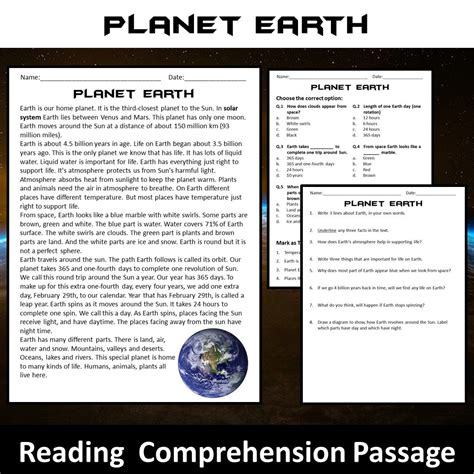 Earth Reading Comprehension Passage and Questions – PrintableBazaar